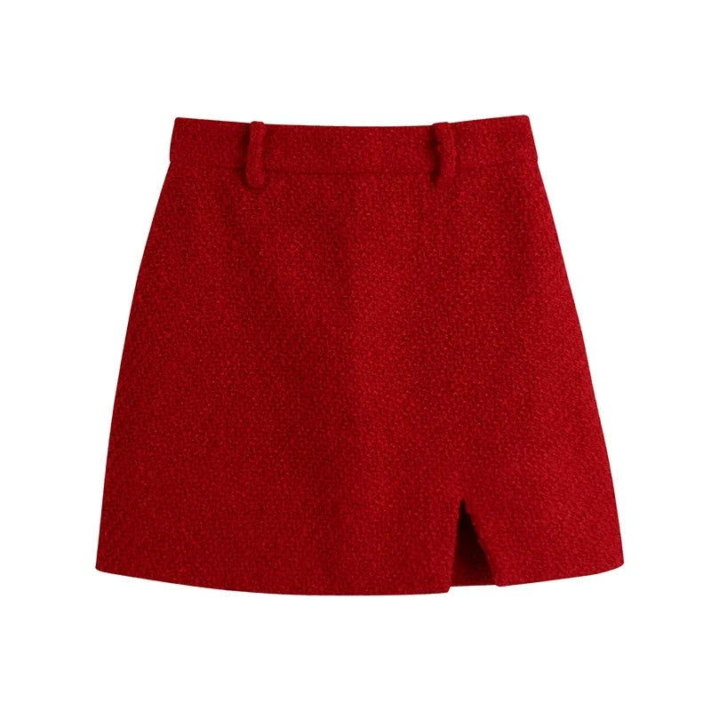 Women Vintage Cherry Red Tweed Blazer Skirt