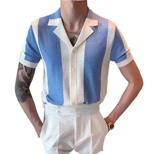 Men Knit Striped Contrast Shirt | Summer Short Sleeve | Buttoned Knitted Cardigan Light Blue