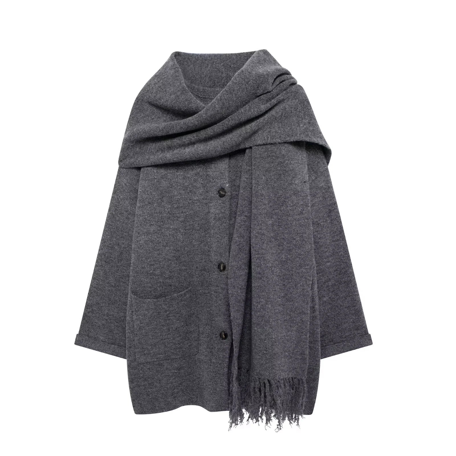 Women Winter Loose Knitted Coat with Scarf | Straight Cut | Long Sleeves | Warm Cardigan Grey