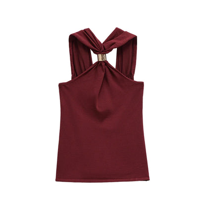 Women Knit Halter Neck Tank Top | Ring Top maroon