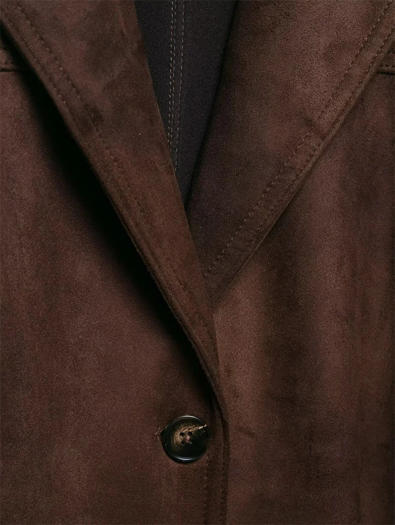 Women Brown Jacket | Long Sleeve | Suede | Belt Jacket
