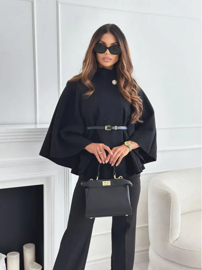 Women Batwing Sleeve Coat | Waist Cinching Poncho | Thick | Warm | Single Buckle