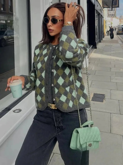 Women Vintage Argyle Sweater | Long Sleeve | Pockets | Knitted Cardigan