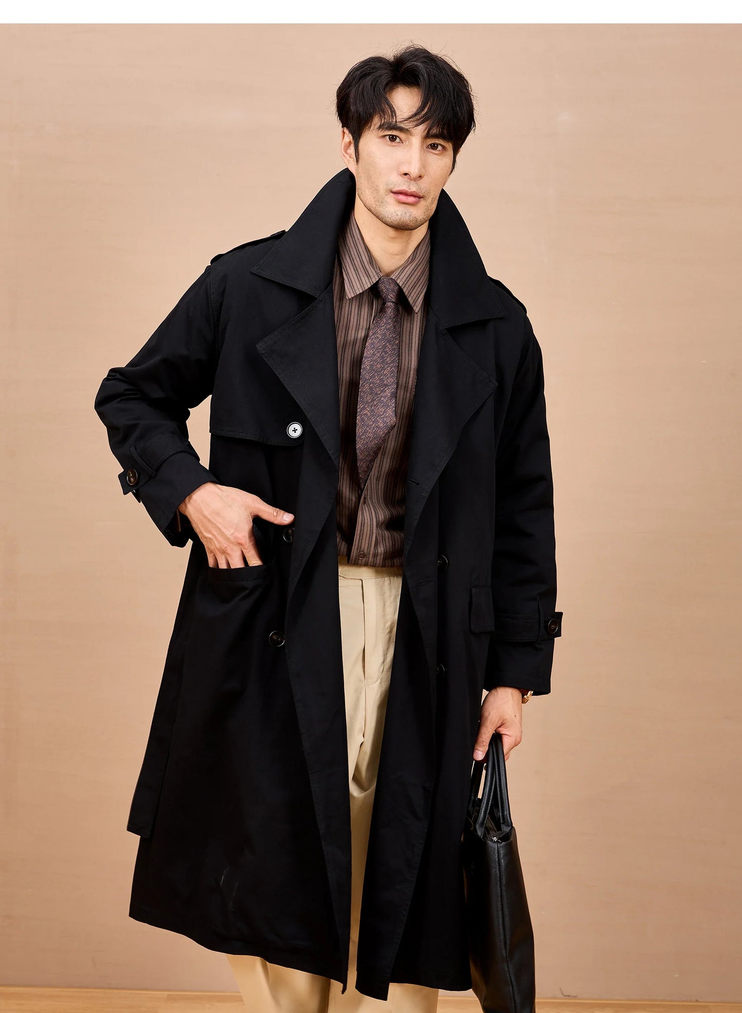Men Long Trench Coat | Double Breasted | British Style | Spring | Autumn