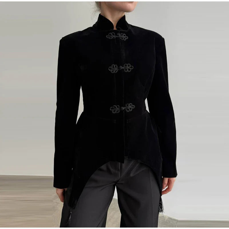 Women Napoleon Jacket | Black Velvet Tassel Jacket | Knot Button | Asymmetric Hem | Long Sleeve | Slim Fit | Elegant Coat