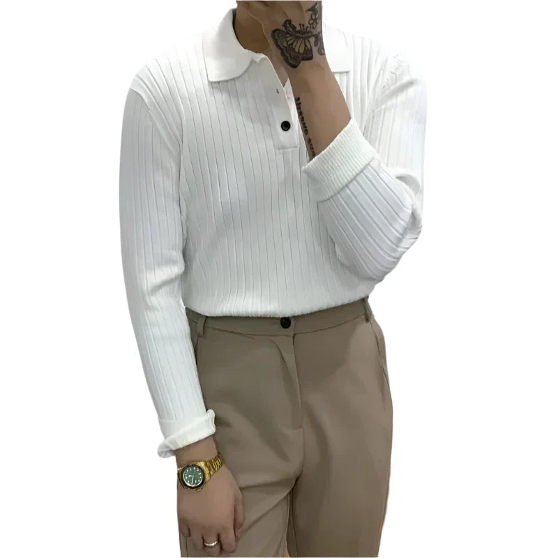 Men's Long Sleeve Knit Polo Shirt | Ribbed Solid Color Polo Shirt | Knitted Casual Button Pullovers White