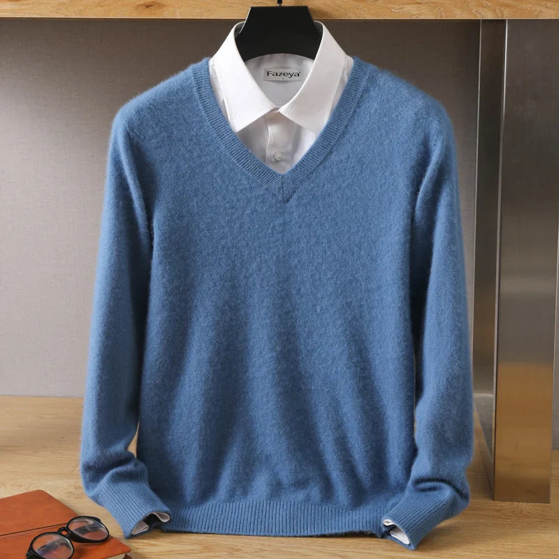 Men Cashmere V-Neck Pullover | Cashmere Knitted Sweater | Mink Winter Long Sleeve Top
