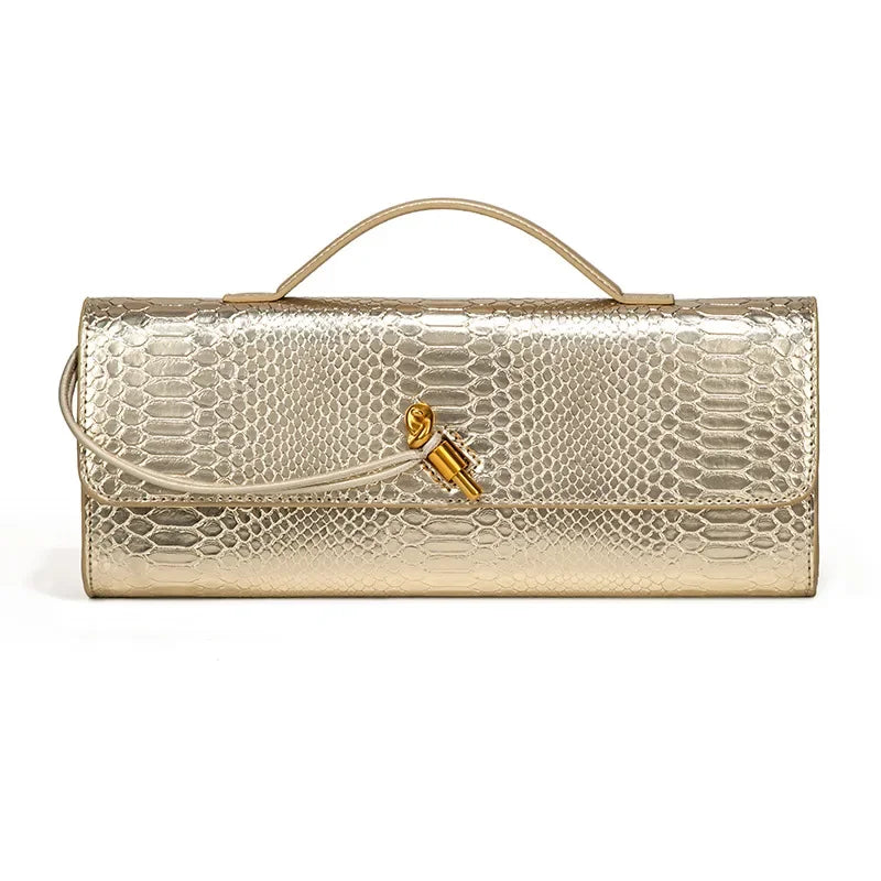 Women Luxury Design Top-Handle Leather Bag | Long Purse | Crocodile Pattern Bag gold 2