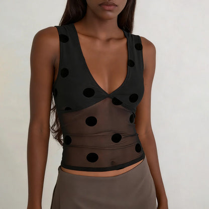 Women Polka Dot Sheer Mesh Top | Crop Top | Summer | Sleeveless | V Neck | Slim Fit Tank Top