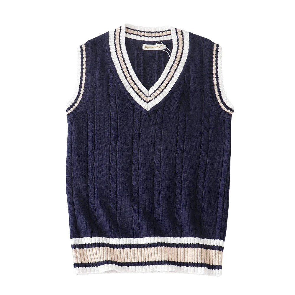 Men V-Neck Sleeveless Knitted Striped Sweater Vest | Retro Style Knit Blue