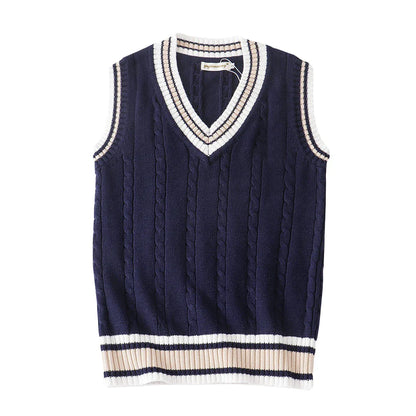 Men V-Neck Sleeveless Knitted Striped Sweater Vest | Retro Style Knit Blue