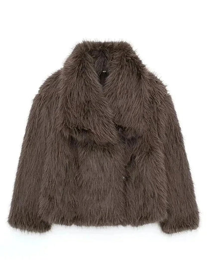Women Short Woven Fur Coat | Loose Stand Collar Long Sleeve Coat Brown