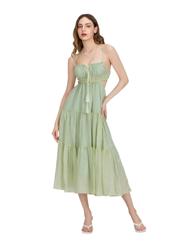 Women Summer Flowy Long Dress | Spaghetti Strap Backless Ruffled A-line Dress | Bohemian Holiday Sundress