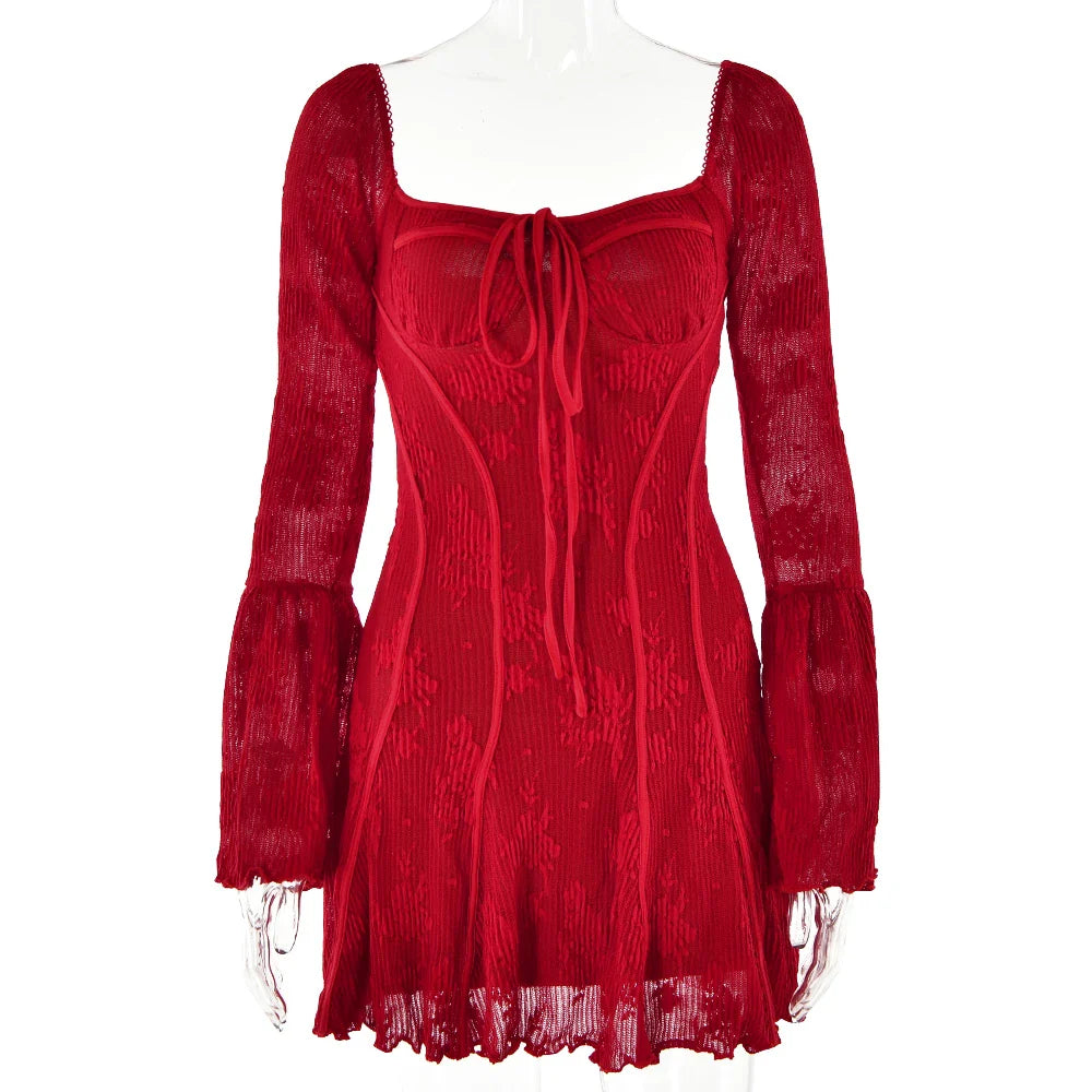 Women Elegant Long Sleeve Mini Dress | Square Neck | Patchwork
