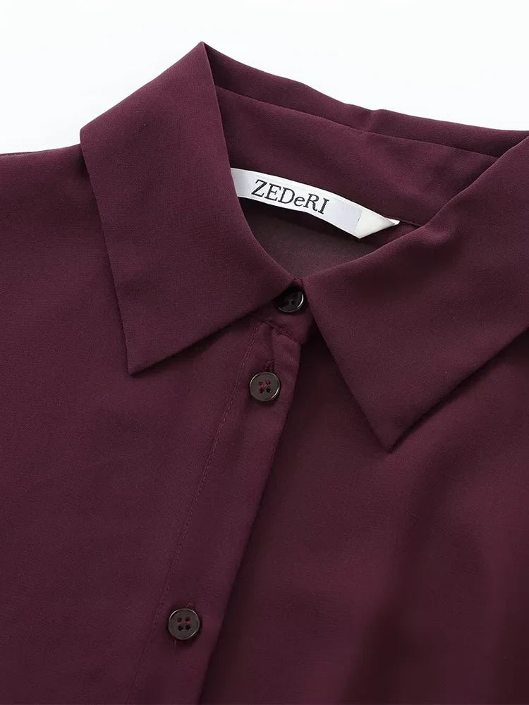 Women Burgundy Blouse | Lapel Bowknot Decorated Drape | Long Sleeve Slim Waist Shirt