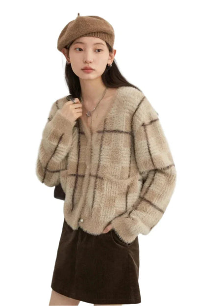 Women Knitted Plaid Cardigan | Knitted V-Neck Sweater