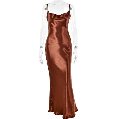 Satin Backless Dress | Long Elegant Trumpet Bodycon Dress | Spaghetti Strap Dress | Maxi Dress brown
