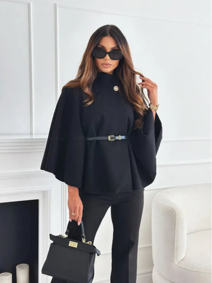 Women Batwing Sleeve Coat | Waist Cinching Poncho | Thick | Warm | Single Buckle