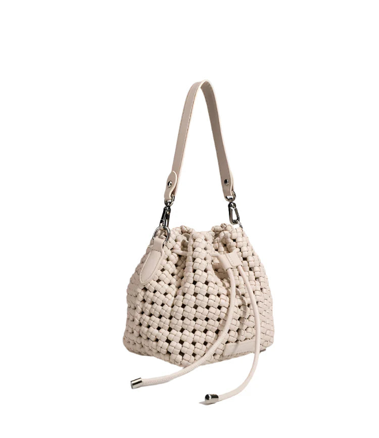 Women Leather Hollow Cut Woven Crossbody Bag Creamy white