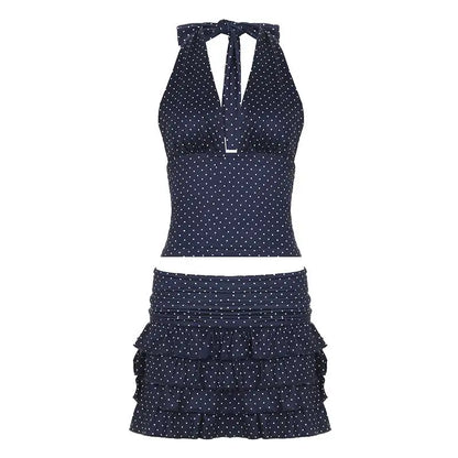 Women Polka Dot Set | Layered Ruffle Mini Skirt | Backless | V Neck | Halter Neck Top