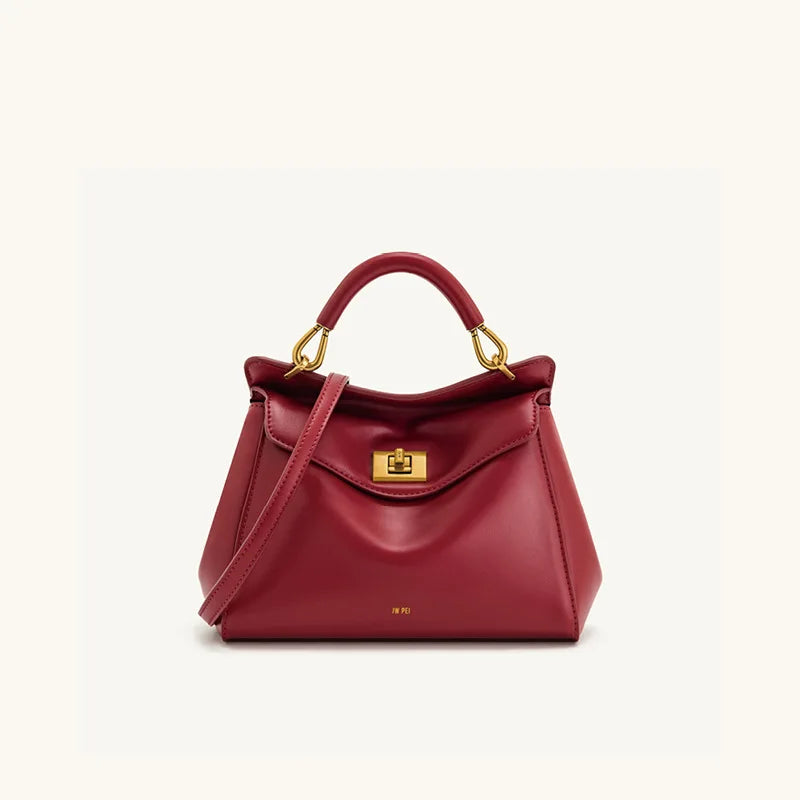 Women Leather Pillow Bag | Lock Clasp Handbag | Small Handbag | Shoulder Bag | Crossbody Bag burgundy