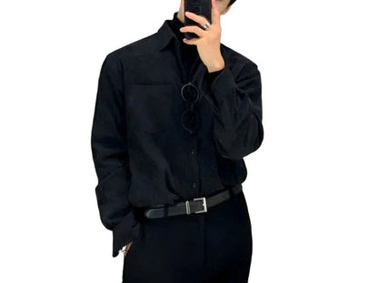 Men Suede Button Down Shirt | Long Sleeves Button Down | Corduroy Casual Loose Shirt black