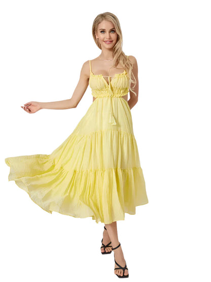 Women Summer Flowy Long Dress | Spaghetti Strap Backless Ruffled A-line Dress | Bohemian Holiday Sundress Yellow