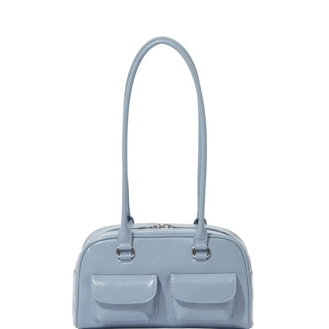 Women Baguette Leather Shoulder Bag sky blue