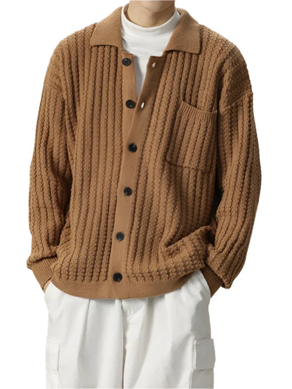 Men Warm Knitted Cardigan | Pleated Soft Turn-Down Collar Knitwear brown