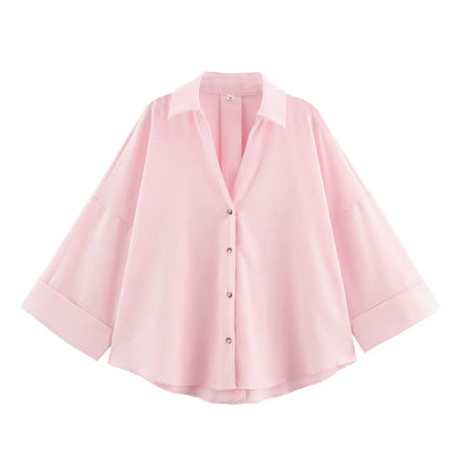 Women Casual Loose Top | Wide Sleeve Shirt | Summer Minimalist Holiday Top Pink