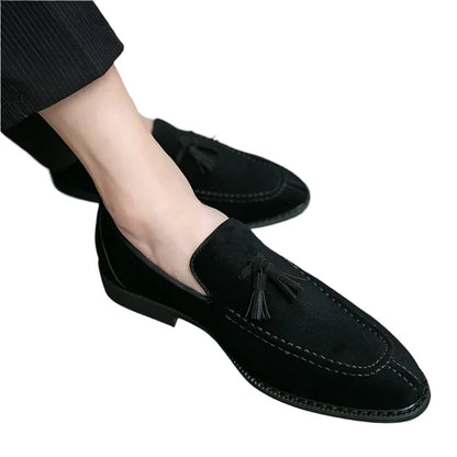 Men Suede Leather Loafers | Vintage Tassel Slip-On Black