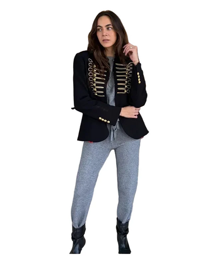 Women Black Napoleon Style Jacket | Stand Collar | Single Breasted | Cropped Coat