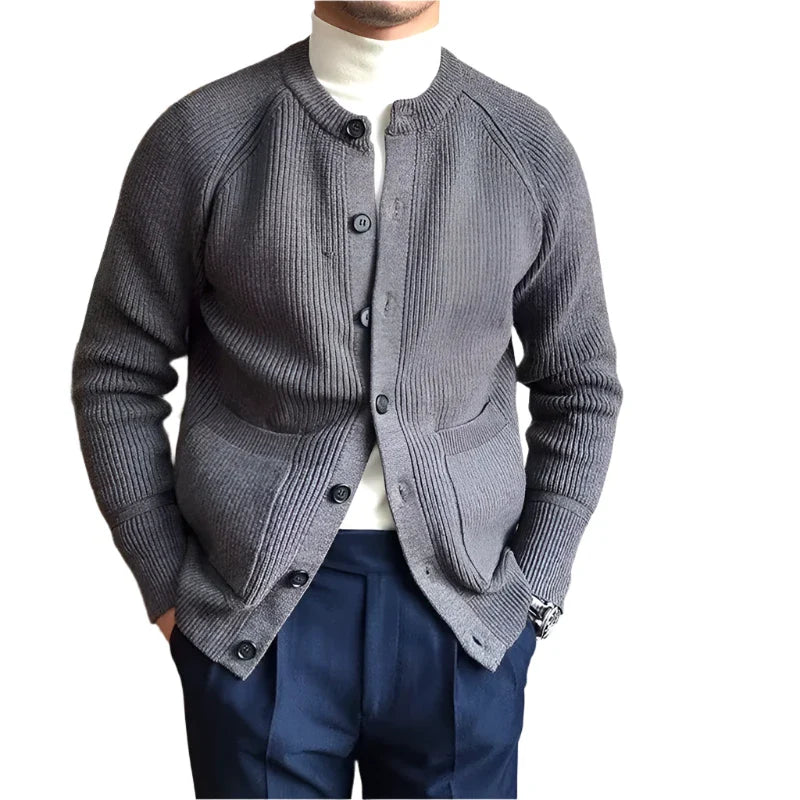 Men Wool Buttoned Crew Neck Sweater | Long Sleeve Casual Knitted Cardigan Gray