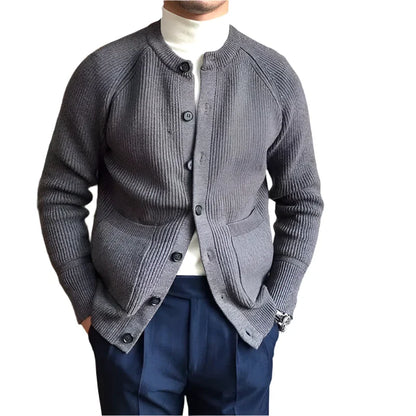 Men Wool Buttoned Crew Neck Sweater | Long Sleeve Casual Knitted Cardigan Gray
