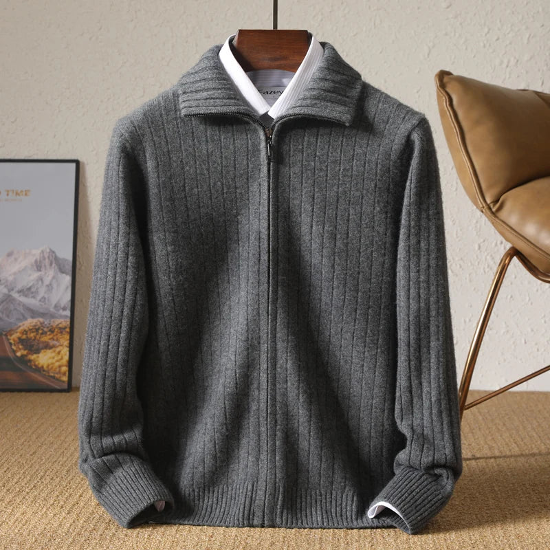 Men Merino Wool Stand-Up Collar Cardigan | Business Casual | Warm Zipper Jacket Dark Grey
