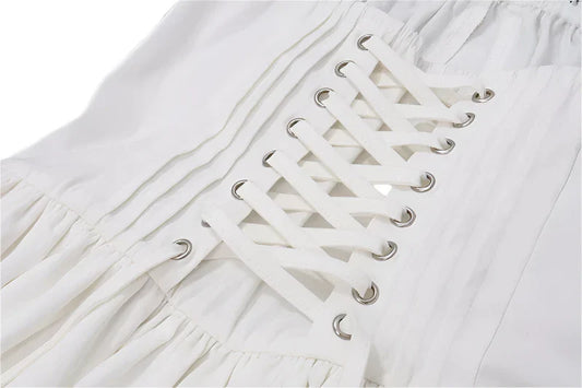 Women White Pleated Mini Dress | Summer Dress | Square-Neck Lace Patchwork Dress