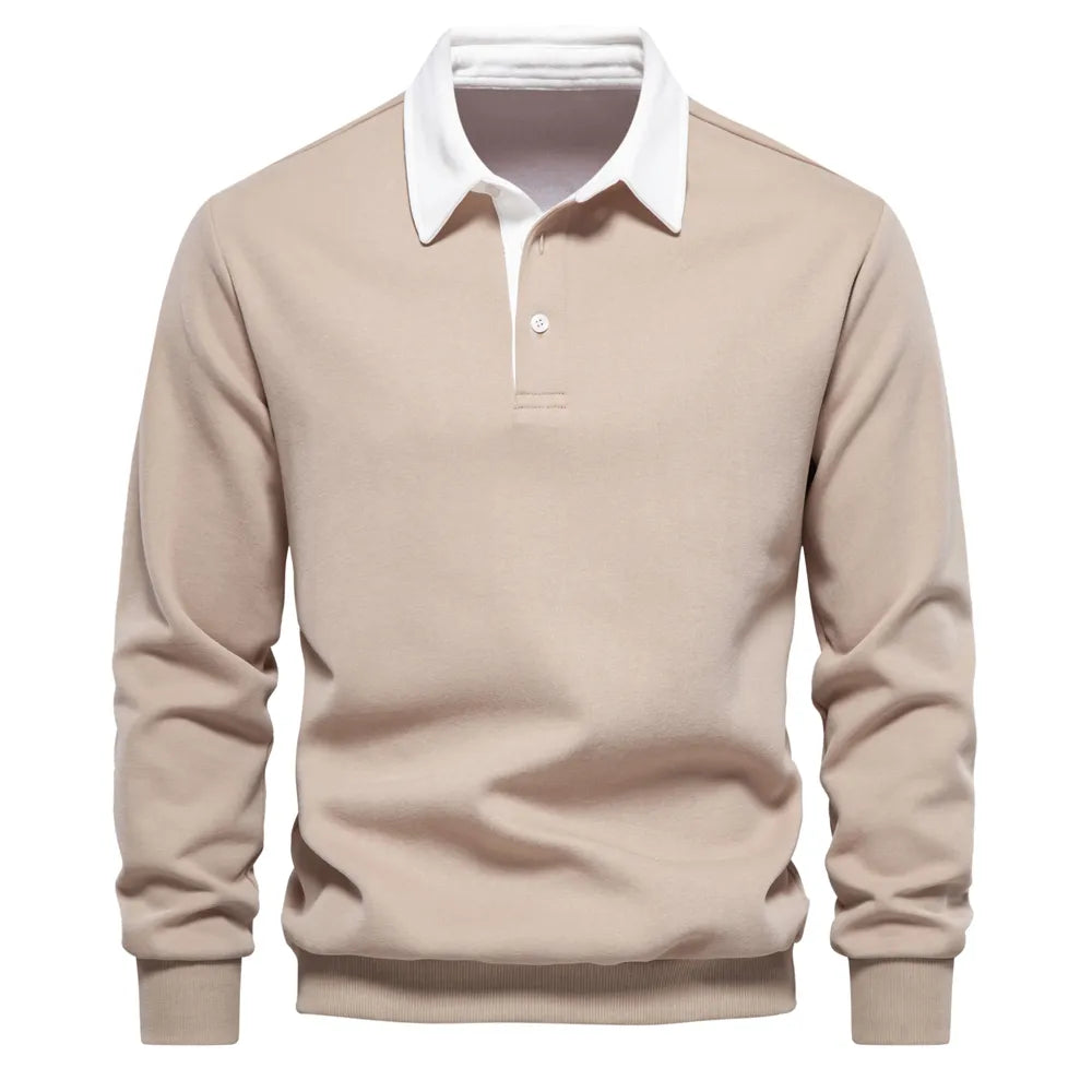 Cotton Polo Neck Sweatshirt for Men | Casual Collared Sweatshirt Khaki