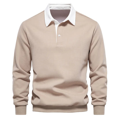 Cotton Polo Neck Sweatshirt for Men | Casual Collared Sweatshirt Khaki