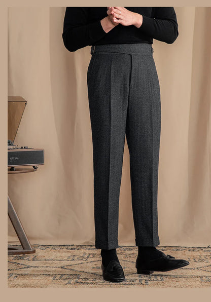 Men Vintage Wool Herringbone Pattern Pants | Casual | British | Warm | High Waist | Straight Pants