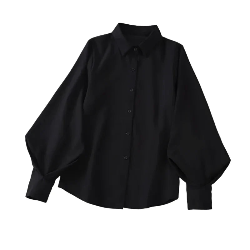 Women Lantern Sleeves Top | Vintage Loose Button-Down Shirt black