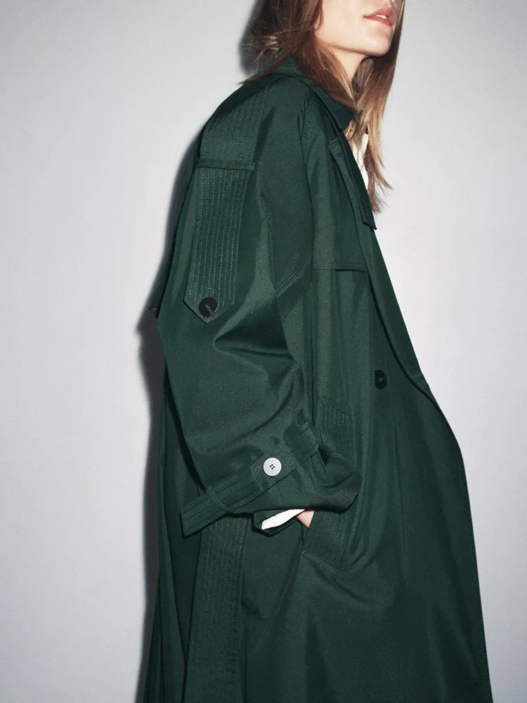 Women Dark Green Trench Coat | Long Coat | Loose | Autumn | Belted