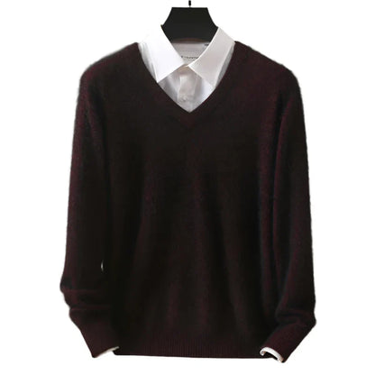 Men Cashmere V-Neck Pullover | Cashmere Knitted Sweater | Mink Winter Long Sleeve Top Dark Maroon