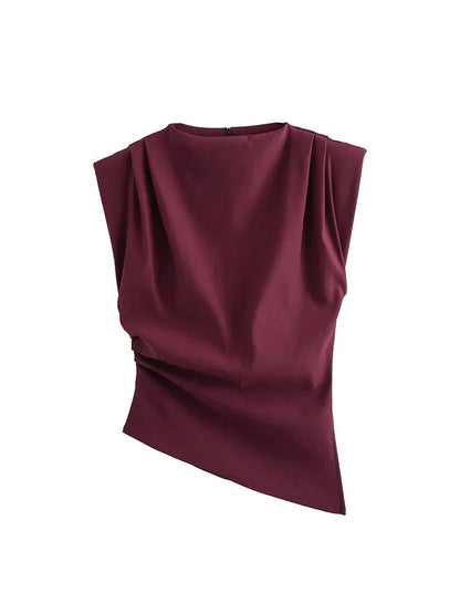 Women Asymmetric Sleeveless Cross Folds Top | Padded Shoulder Top Maroon