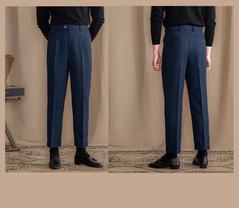 Men High-Waisted Woolen Pants | Herringbone | Italian Vintage Pants | Suit Pants | Warm | Straight Fit