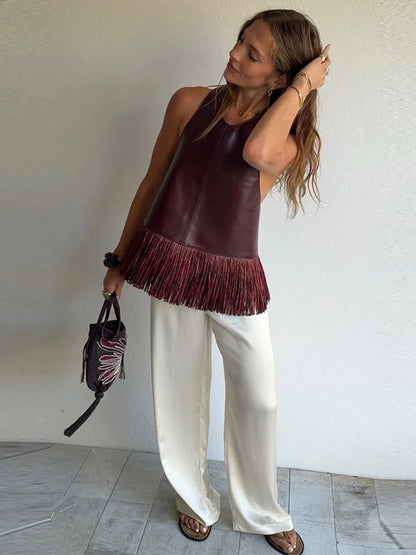 Women Vintage Leather Tassel Vest | Sleeveless | Backless | Halter Top