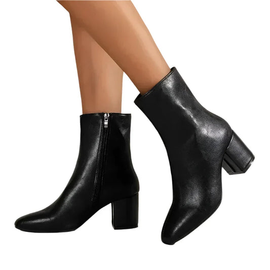 Women Leather Ankle Boots | Zipper Closure | Mid-Heel