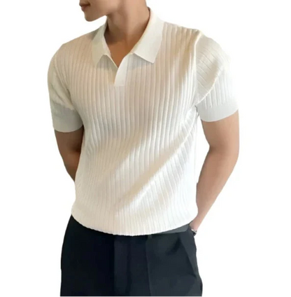 Men Summer Knitted Polo Shirt | Striped V-Neck Solid Color Short Sleeved Knitwear White