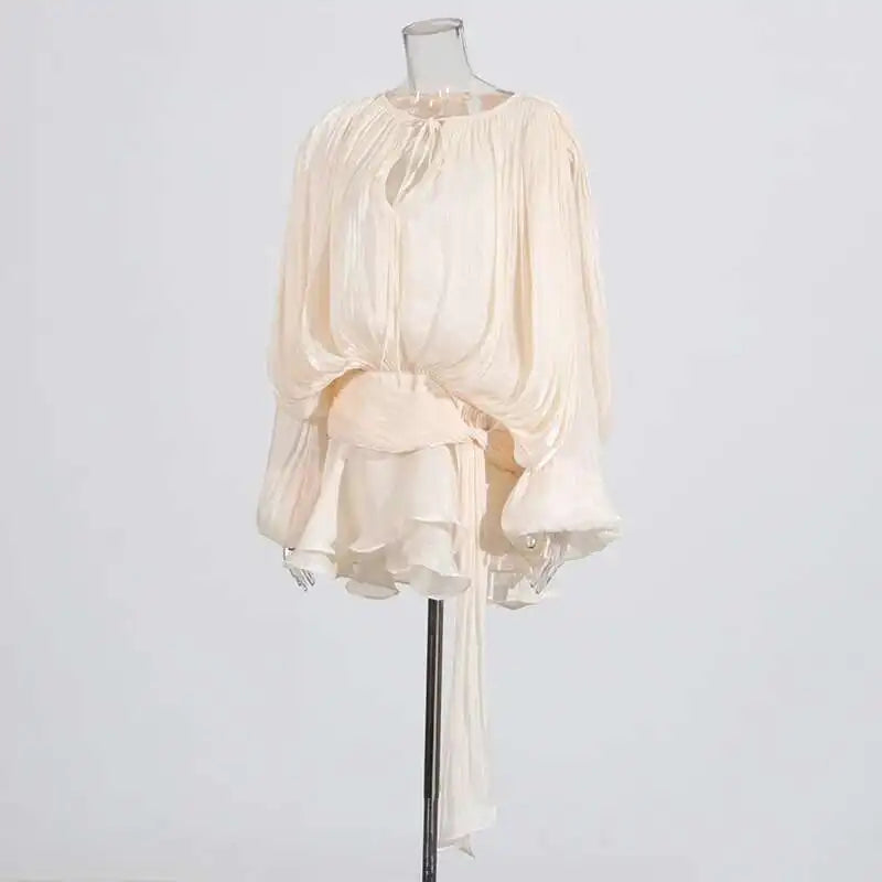 Women Flowy Mini Dress | V Neck | Long Sleeve | Spliced | Lace Up | Blouse Dress