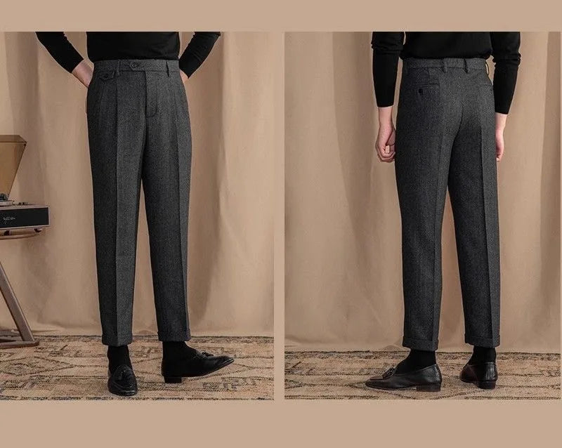 Men High-Waisted Woolen Pants | Herringbone | Italian Vintage Pants | Suit Pants | Warm | Straight Fit