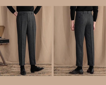 Men High-Waisted Woolen Pants | Herringbone | Italian Vintage Pants | Suit Pants | Warm | Straight Fit